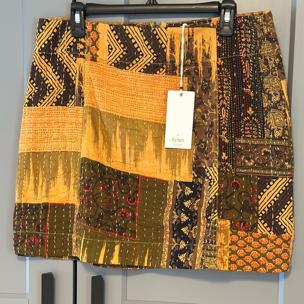 Dylan Quilted Petra Mini Skirt Sz L Patchwork Cotton Kantha Stitch Boho Cottage
